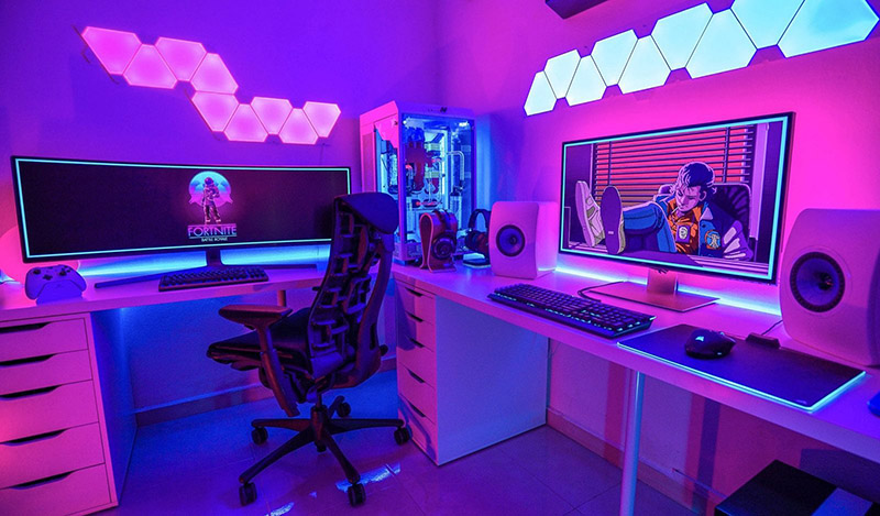 Colorful LED strip lighting in a gaming room