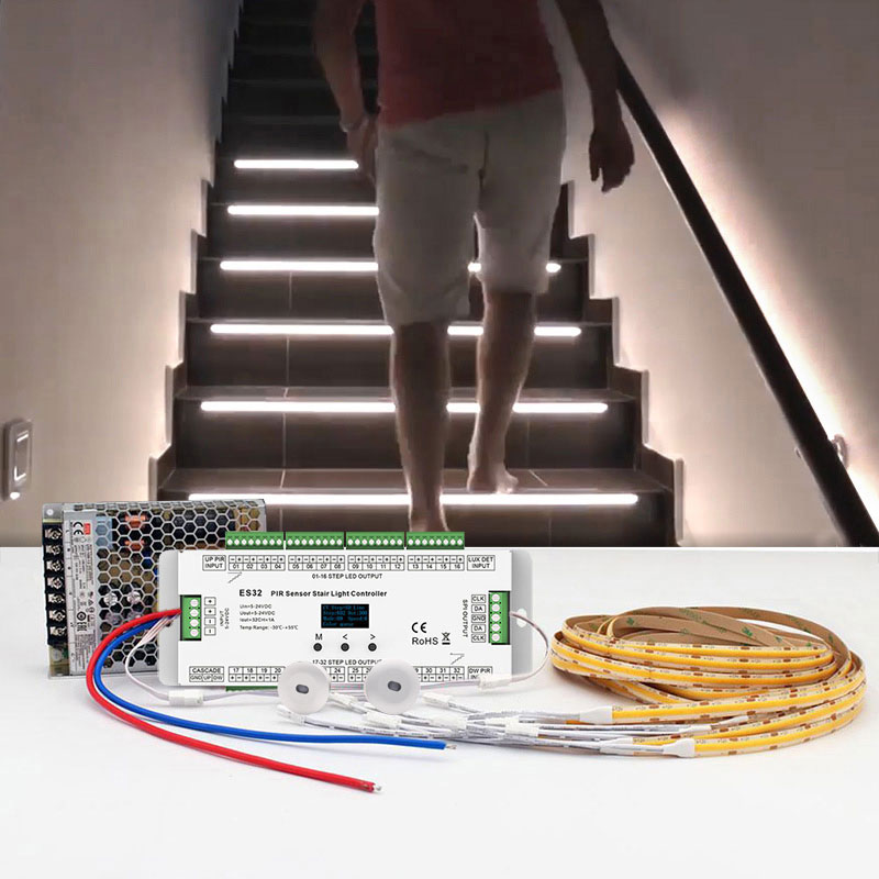 Motion sensor stair light kit on outdoor deck steps